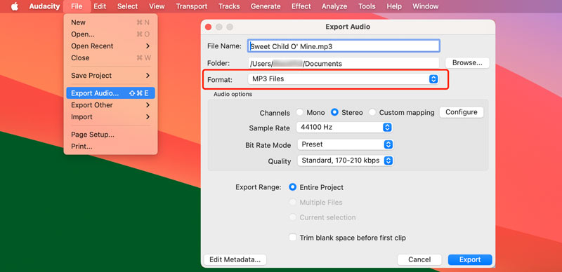 Change AIFF to MP3 on Mac Audacity