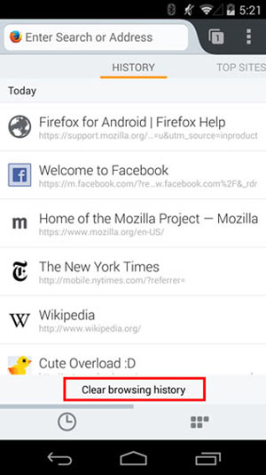 Clear Mozilla Firefox Browsing History on Android