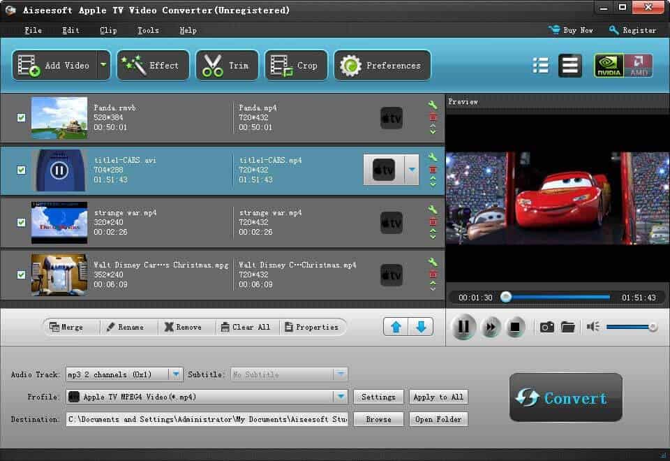 Convert all popular video and audio files to Apple TV compatible formats.