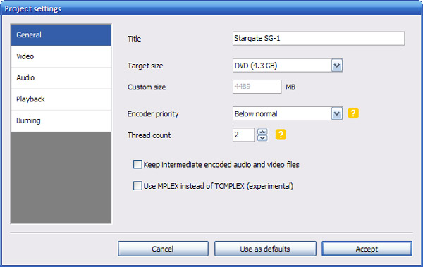 Project Settings of DVD Flick