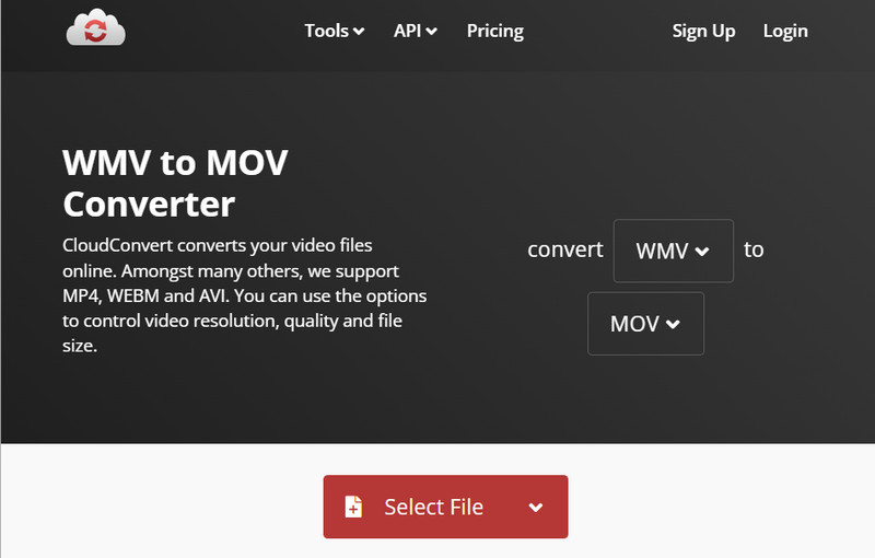 CloudConvert Select File WMV to MOV
