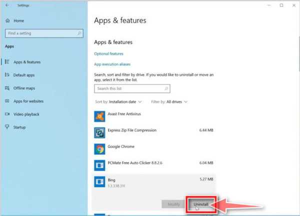 Uinstall Bing on Windows 10