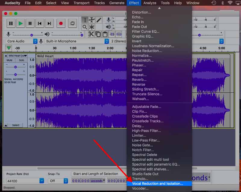 Choose Vocal Reduction and Isolation in Audacity