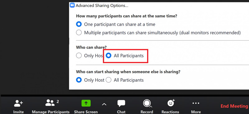 Enable Participant Screen Sharing on Zoom