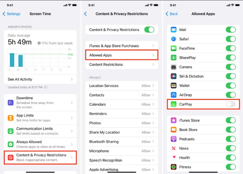 Settings Content Privacy CarPlay iPhone