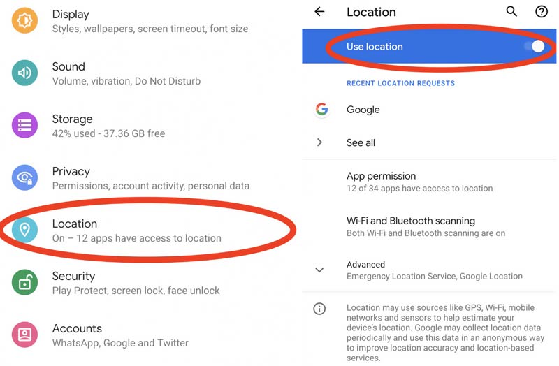 Turn off  Location Services on Android
