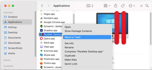 Move Parallels to Trash on Mac