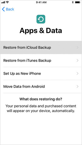 App & Data screen - Restore from a Backup