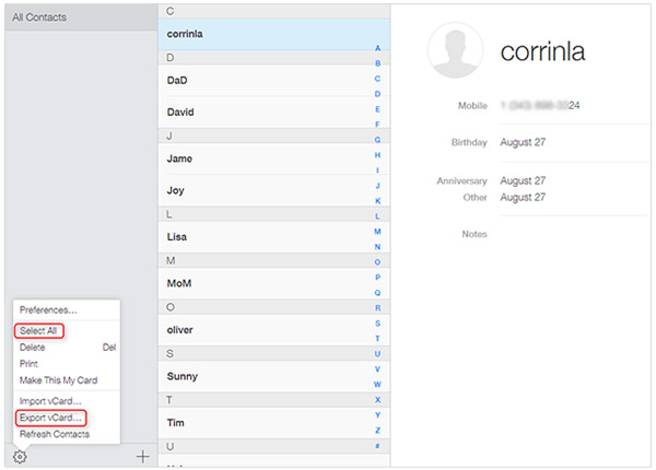 Export iPhone Contacts to vCard from iCloud
