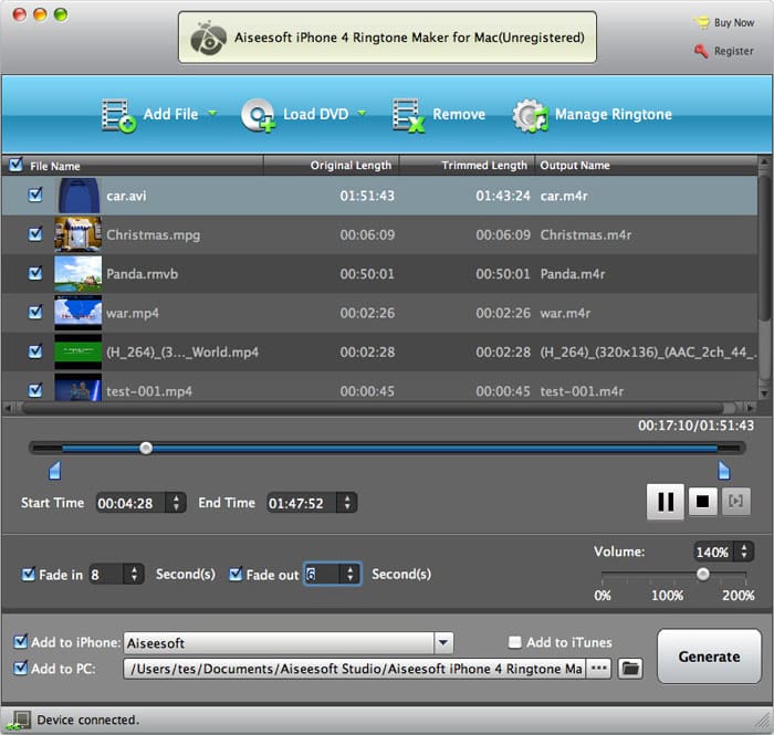 Aiseesoft Mac iPhone 4 Ringtone Maker Screenshot