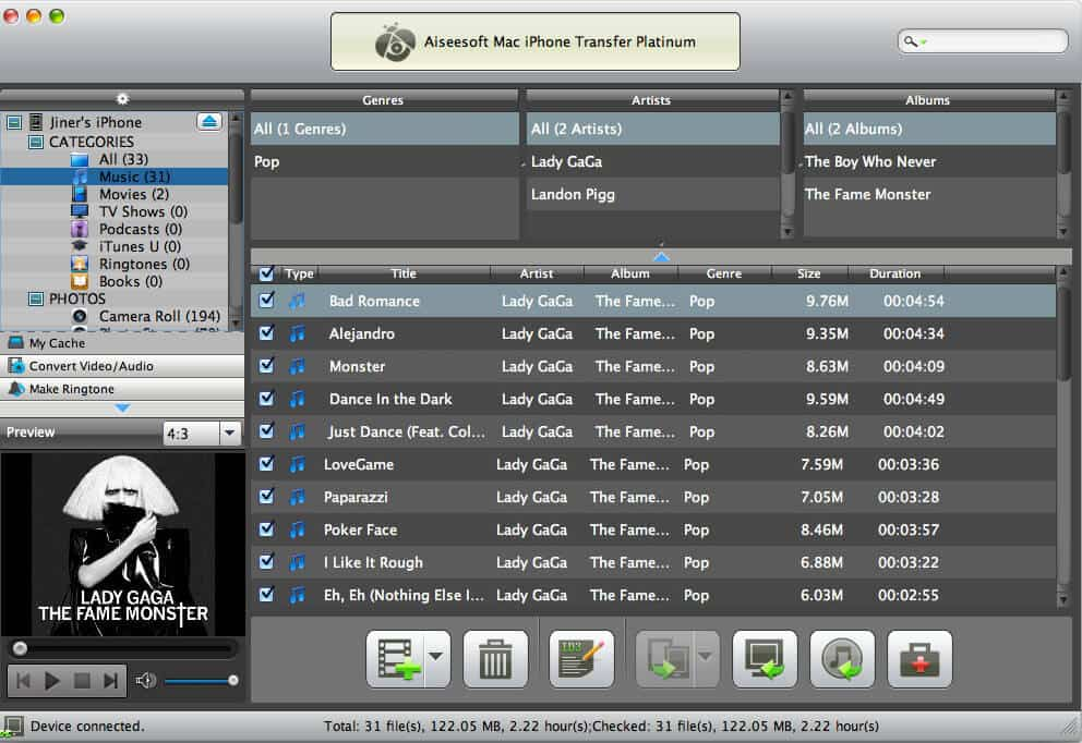 Screenshot of Aiseesoft Mac iPhone Transfer Platinum