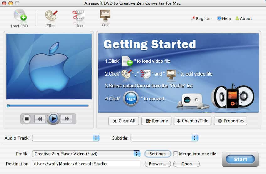 Screenshot of Aiseesoft DVD to Creative Zen for Mac 3.1.28
