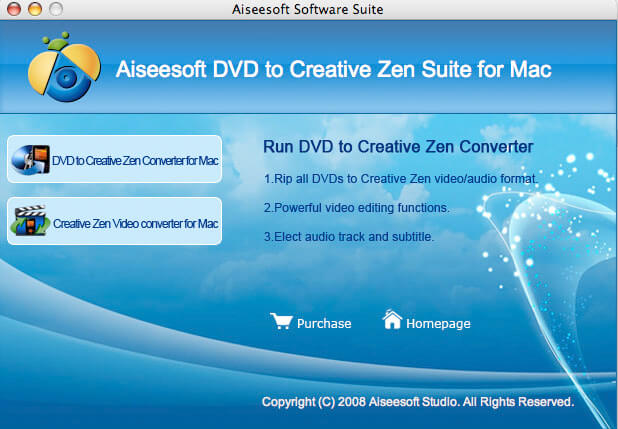 Screenshot of Aiseesoft Mac DVD to Creative Zen Suite 3.1.20