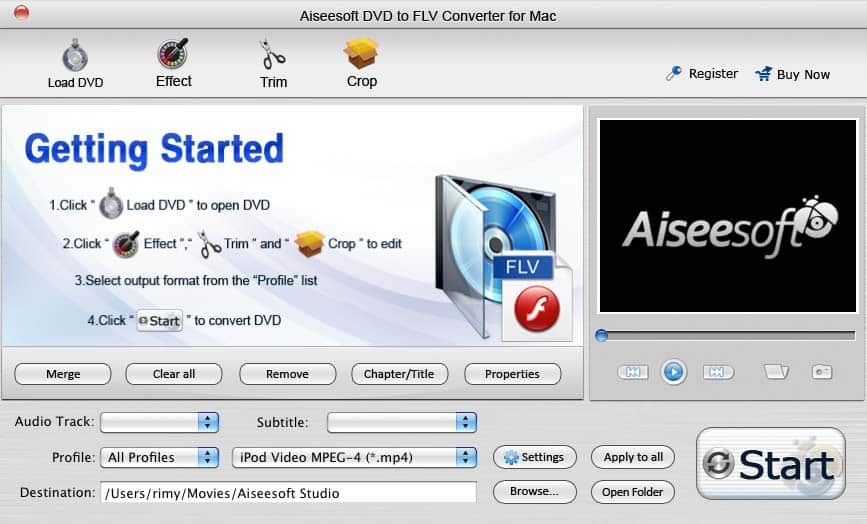 Screenshot of Aiseesoft DVD to FLV Converter for Mac