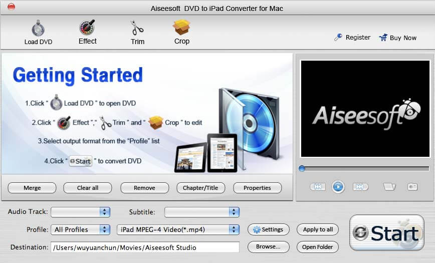 Screenshot of Aiseesoft DVD to iPad Converter for Mac