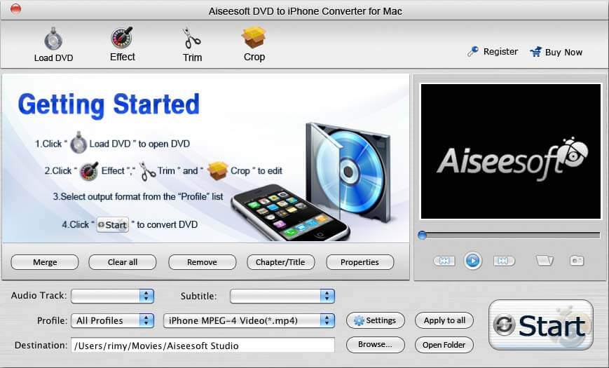 Screenshot of Aiseesoft DVD to iPhone for Mac 3.2.06