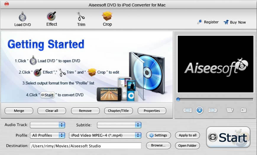 Screenshot of Aiseesoft DVD to iPod Converter for Mac 3.2.38