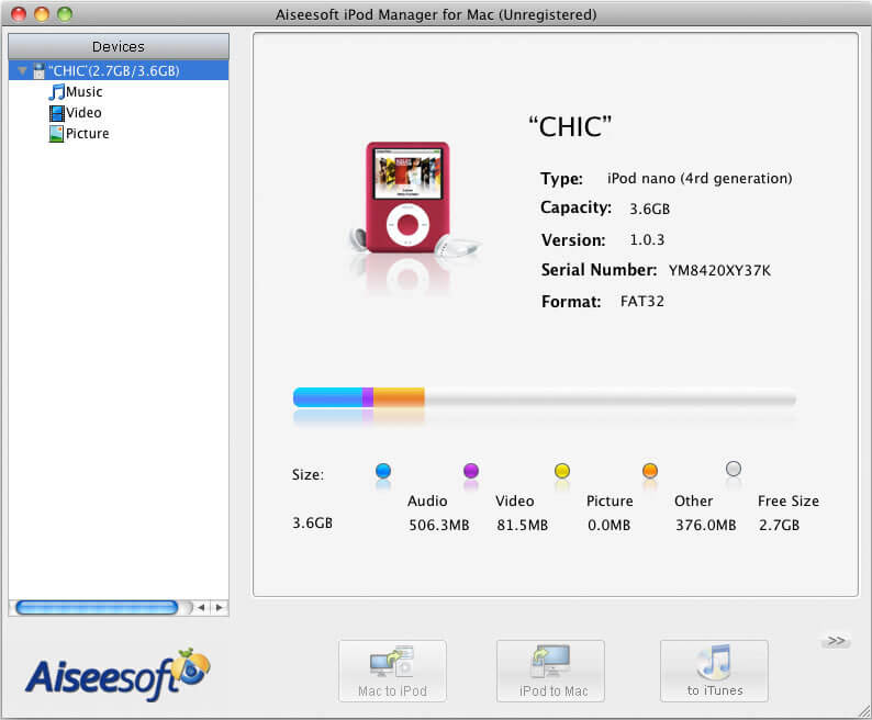 Screenshot of Aiseesoft iPod Manager for Mac 3.3.30