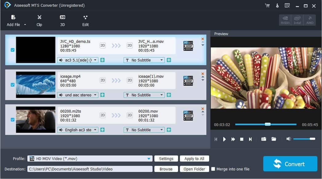 Convert MTS and other popular video/audio files to any video and audio format.