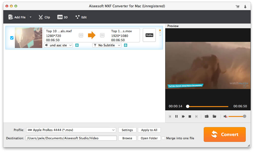 Screenshot of Aiseesoft MXF Converter for Mac