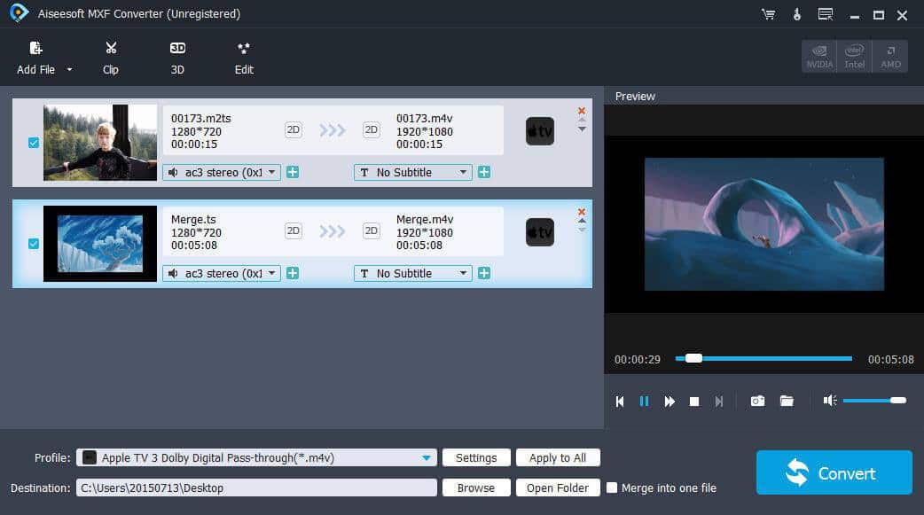 Convert MXF/TS/MTS/M2TS/TP/TRP to 3D video and all popular video/audio formats. recent Screen Shot