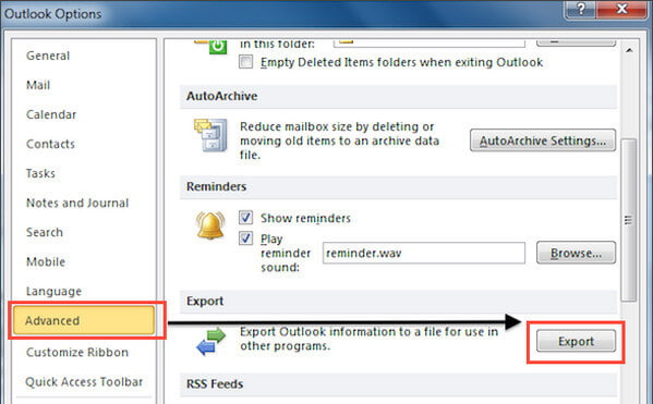 Choose Advanced and Export Outlook Contacts