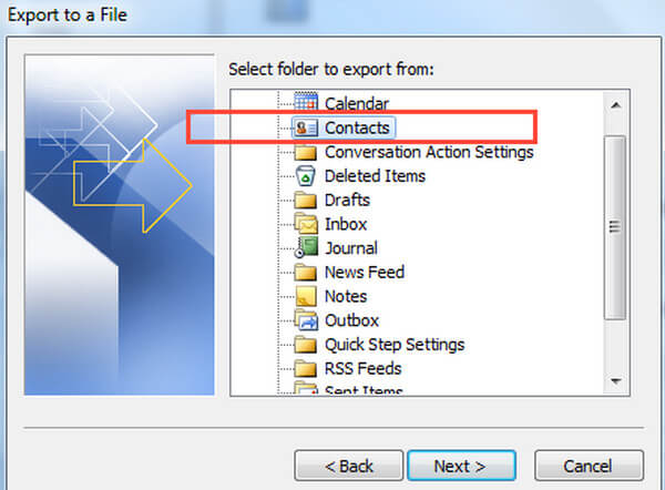 Select a Floder to Export From Outlook 2010