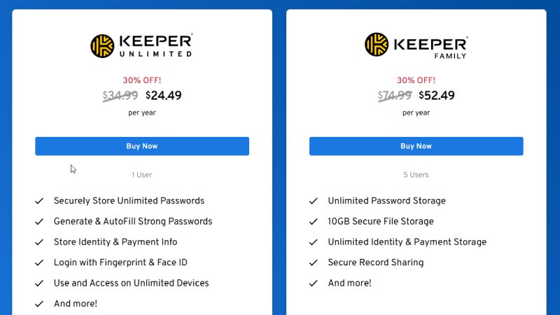 Part of the Keeper Password Manager Pricing Plans
