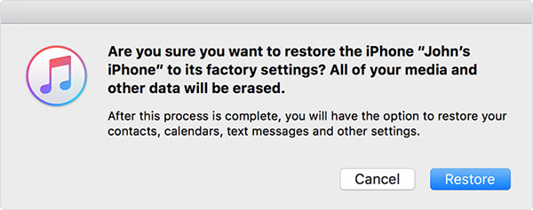 Confirmation for Restoring iPhone to Factory Settings