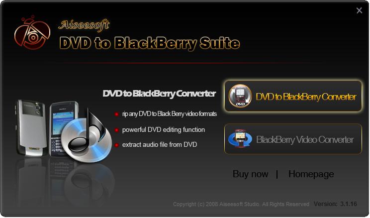 Screenshot of Aiseesoft DVD to BlackBerry Suite