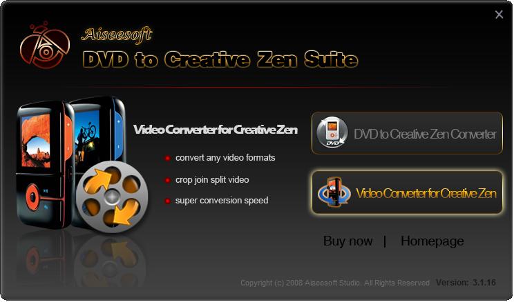 Screenshot of Aiseesoft DVD to Creative Zen Suite