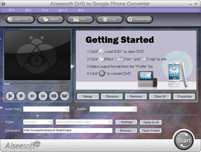 Screenshot of Aiseesoft DVD to Google Phone Converter