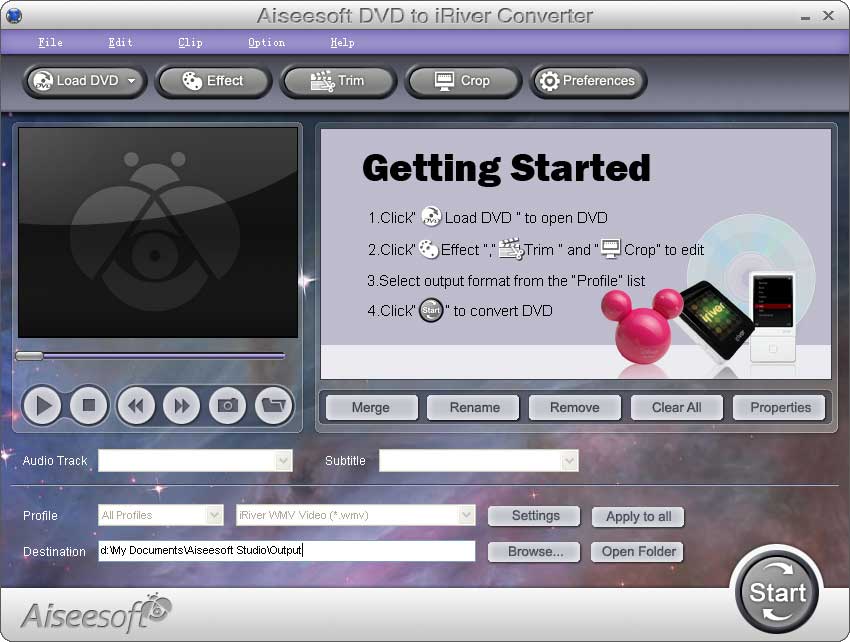 Screenshot of Aiseesoft DVD to iRiver Converter