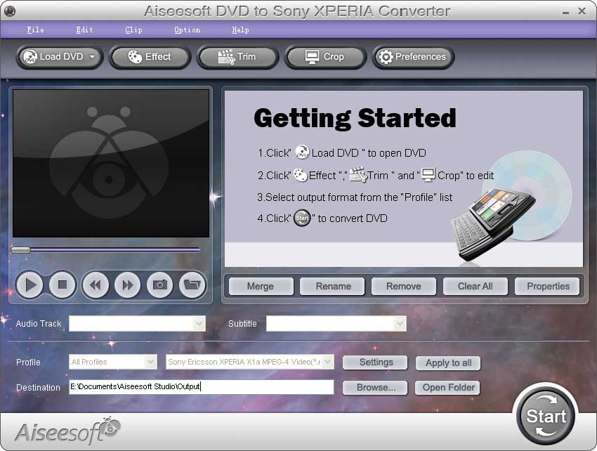 Screenshot of Aiseesoft DVD to Sony XPERIA Converter