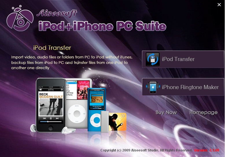 Screenshot of Aiseesoft iPod + iPhone PC Suite 5.0.08