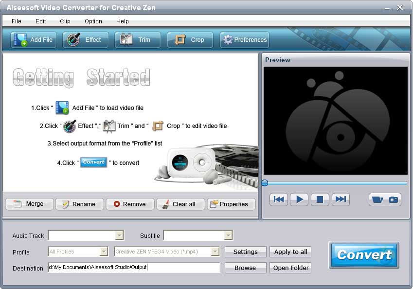 Convert all popular video and audio files to Creative Zen compatible formats.