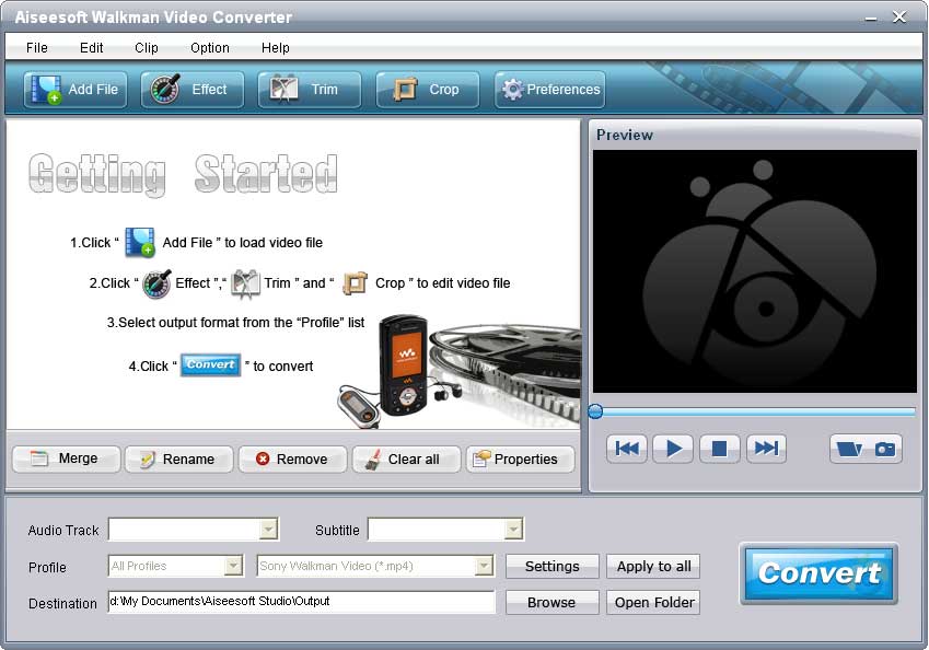 Convert all popular video/audio files to Walkman compatible formats.