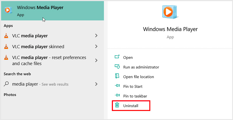Uninstall Windows Media Player in Windows 10