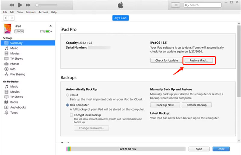 Use iTunes to Restore iPad Reset Passcode