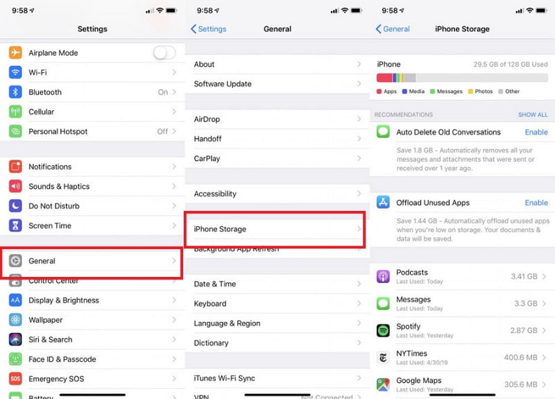 Settings General iPhone Storage Free Up Space