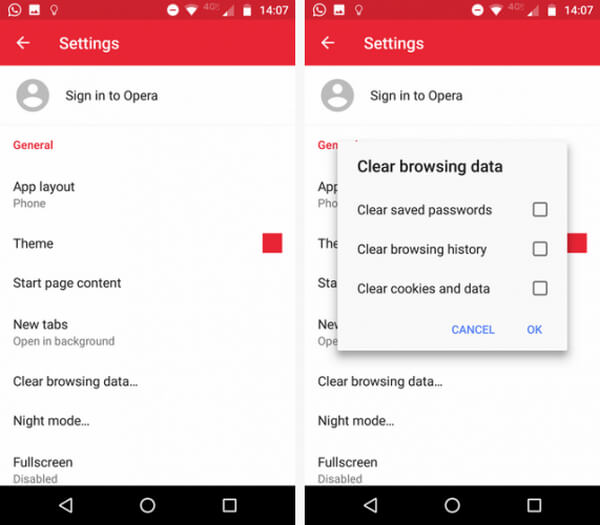 Vymazat historii mini procházení Opera v Androidu