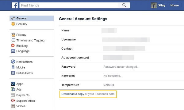 Download a copy of Facebook data