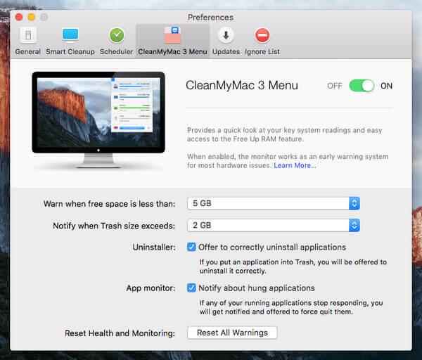 CleanMyMac 3 Menüsü