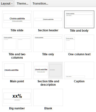 Layout delle diapositive di Google