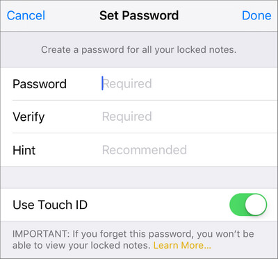 Ställ in Notes-lösenord i iOS 11/12