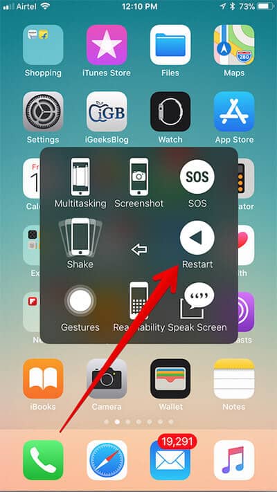 Нажмите на перезагрузку из AssistiveTouch