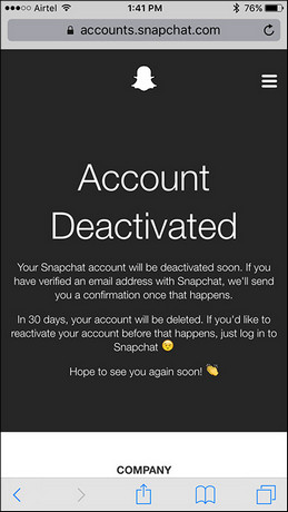 Snapchat-tili poistettu käytöstä puhelimessa