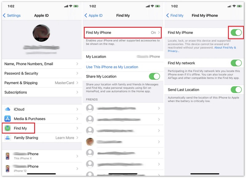 Apple ID 암호를 사용하여 설정에서 나의 iPhone 찾기를 비활성화하세요.