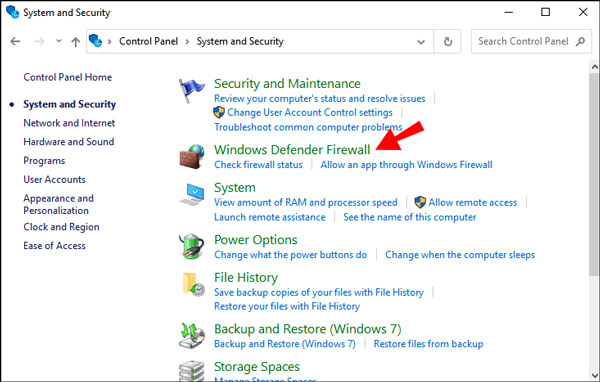 Kies Windows Defender Firewall