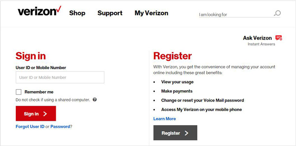 Sito di messaggi Verizon